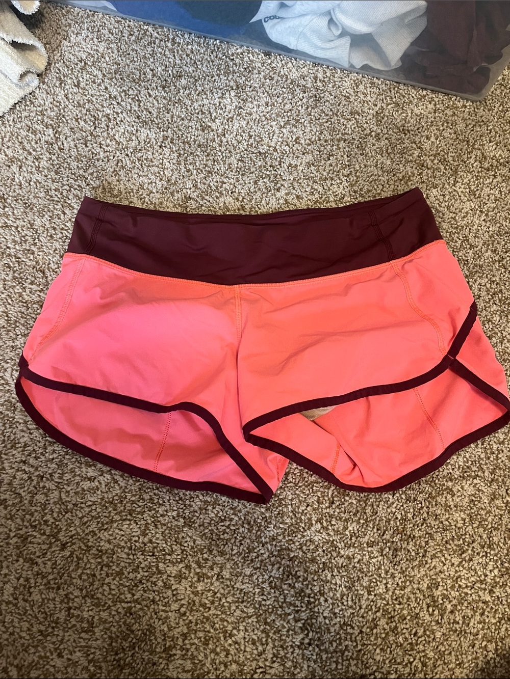 Lululemon Speed Shorts Coral Pink Running Shorts with Maroon Trim